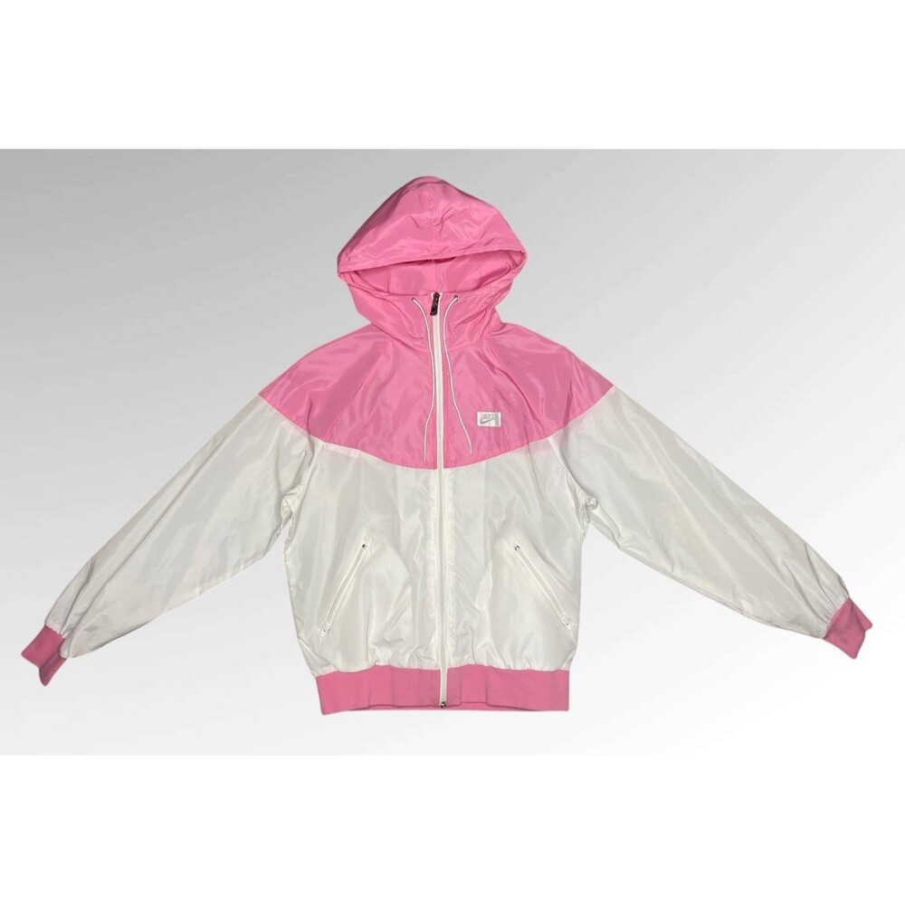 Vtg 80s NIKE Youth Hooded Windbreaker Jacket Girls LG White Pink Full Zip Retro